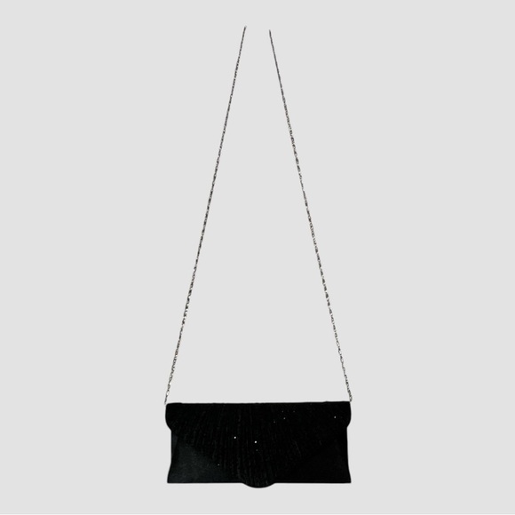 Black Satin Evening Bag Clutch with Chain Strap Sequins Snap Closure 10” L - Picture 2 of 10